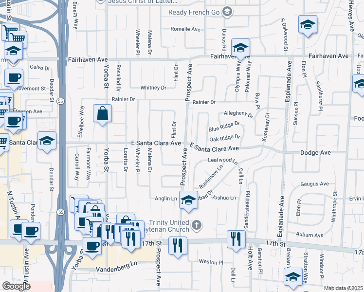 map of restaurants, bars, coffee shops, grocery stores, and more near 13531 Prospect Avenue in Santa Ana
