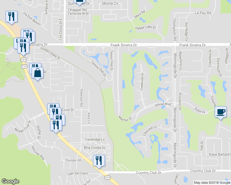 map of restaurants, bars, coffee shops, grocery stores, and more near 74 Mayfair Drive in Rancho Mirage