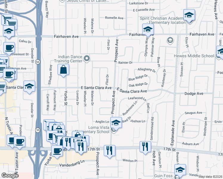 map of restaurants, bars, coffee shops, grocery stores, and more near 13531 Prospect Avenue in Santa Ana