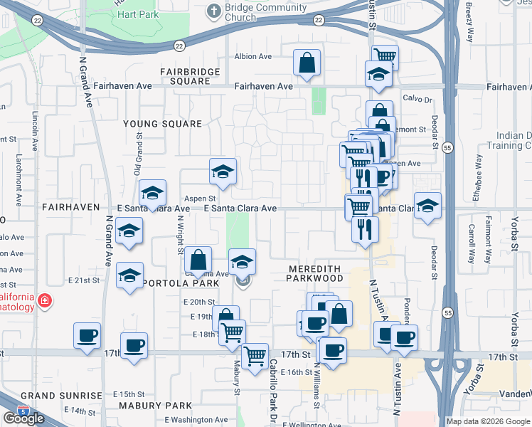 map of restaurants, bars, coffee shops, grocery stores, and more near 2209 Richmond Street in Santa Ana