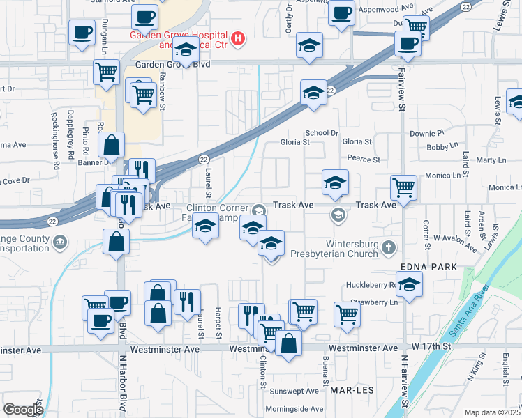 map of restaurants, bars, coffee shops, grocery stores, and more near 13581 Clinton Street in Garden Grove