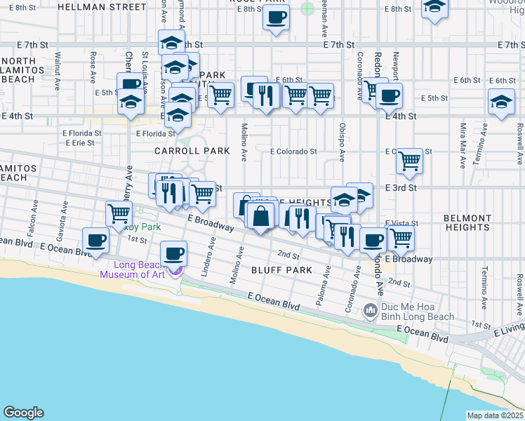 map of restaurants, bars, coffee shops, grocery stores, and more near 6 Colorado Place in Long Beach