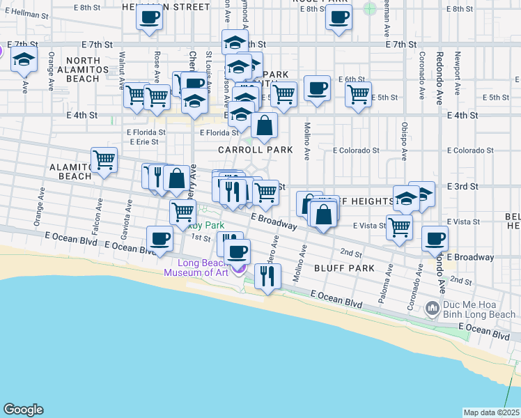 map of restaurants, bars, coffee shops, grocery stores, and more near 222 Kennebec Avenue in Long Beach