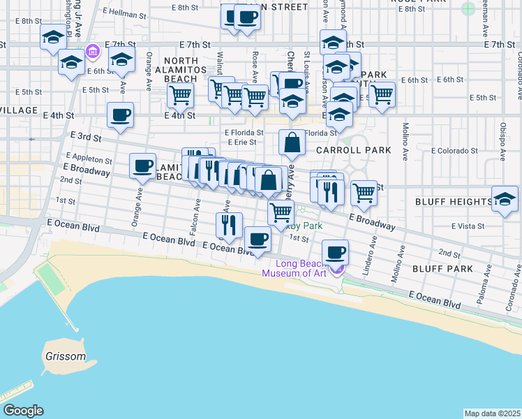 map of restaurants, bars, coffee shops, grocery stores, and more near in Long Beach