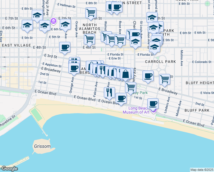map of restaurants, bars, coffee shops, grocery stores, and more near in Long Beach