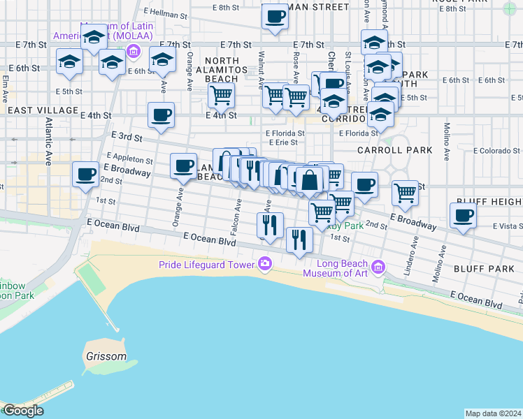 map of restaurants, bars, coffee shops, grocery stores, and more near 120 Gaviota Avenue in Long Beach