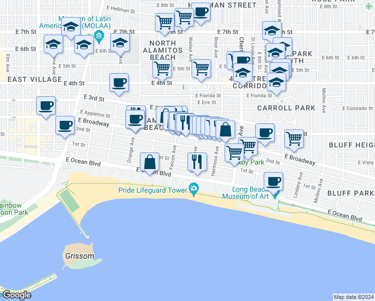 map of restaurants, bars, coffee shops, grocery stores, and more near 1521 East 1st Street in Long Beach