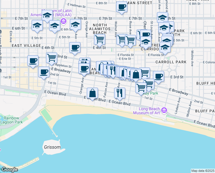 map of restaurants, bars, coffee shops, grocery stores, and more near 1521 East 1st Street in Long Beach
