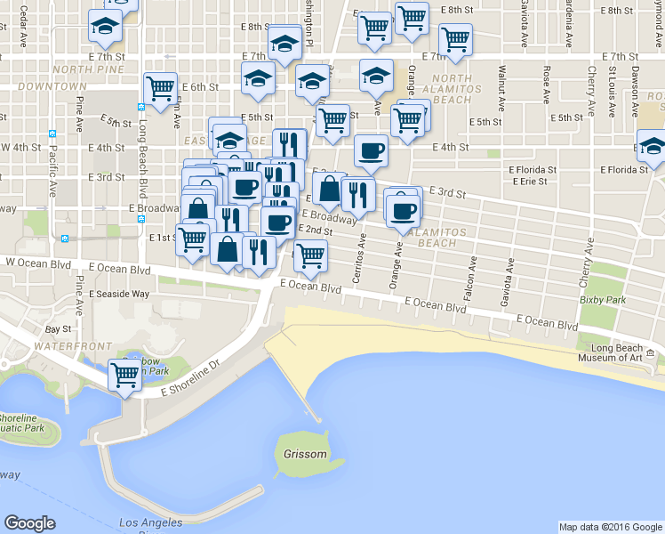 map of restaurants, bars, coffee shops, grocery stores, and more near 1007 East Ocean Boulevard in Long Beach
