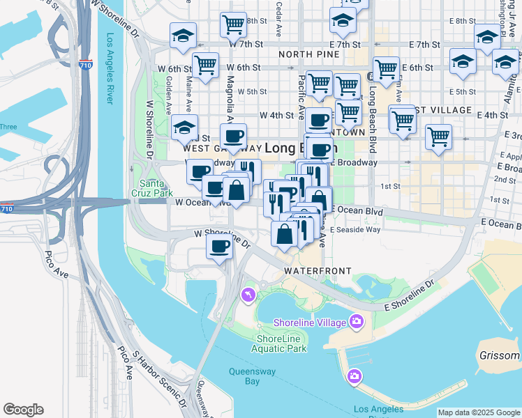 map of restaurants, bars, coffee shops, grocery stores, and more near 300 West Ocean Boulevard in Long Beach