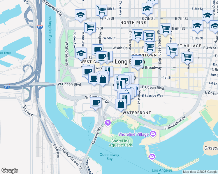 map of restaurants, bars, coffee shops, grocery stores, and more near 442 West Ocean Boulevard in Long Beach