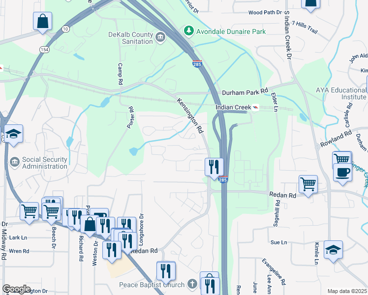 map of restaurants, bars, coffee shops, grocery stores, and more near 3796 Kensingwood Trace in Decatur
