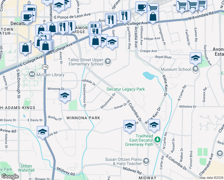 map of restaurants, bars, coffee shops, grocery stores, and more near 451 South Columbia Drive in Decatur