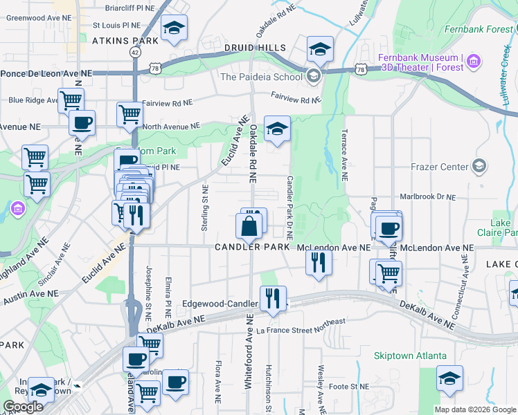 map of restaurants, bars, coffee shops, grocery stores, and more near 442 Oakdale Road Northeast in Atlanta