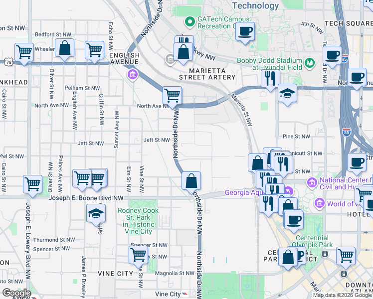 map of restaurants, bars, coffee shops, grocery stores, and more near 501 Western Avenue Northwest in Atlanta