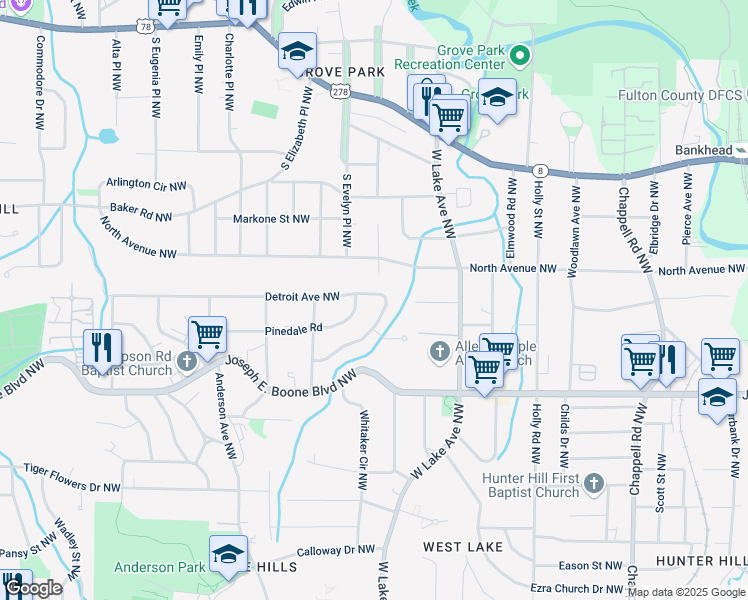 map of restaurants, bars, coffee shops, grocery stores, and more near 1760 Detroit Avenue Northwest in Atlanta