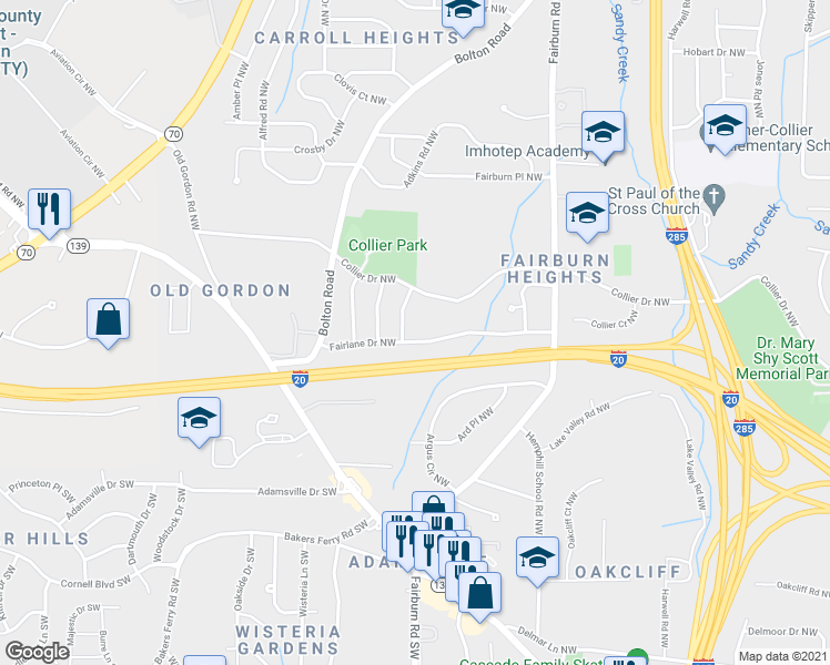 map of restaurants, bars, coffee shops, grocery stores, and more near 3597 Fairlane Drive Northwest in Atlanta