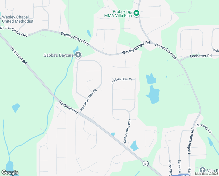 map of restaurants, bars, coffee shops, grocery stores, and more near 203 Cedars Glen Circle in Villa Rica
