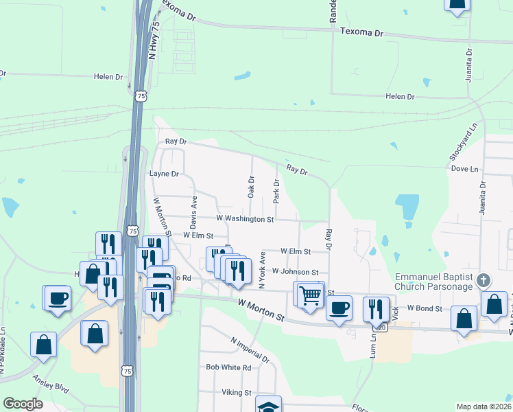 map of restaurants, bars, coffee shops, grocery stores, and more near 2705 West Washington Street in Denison
