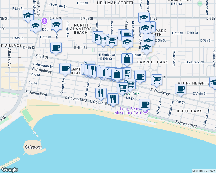 map of restaurants, bars, coffee shops, grocery stores, and more near 1746 East 2nd Street in Long Beach
