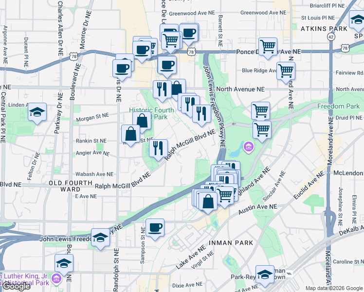 map of restaurants, bars, coffee shops, grocery stores, and more near 747 Ralph McGill Boulevard Northeast in Atlanta