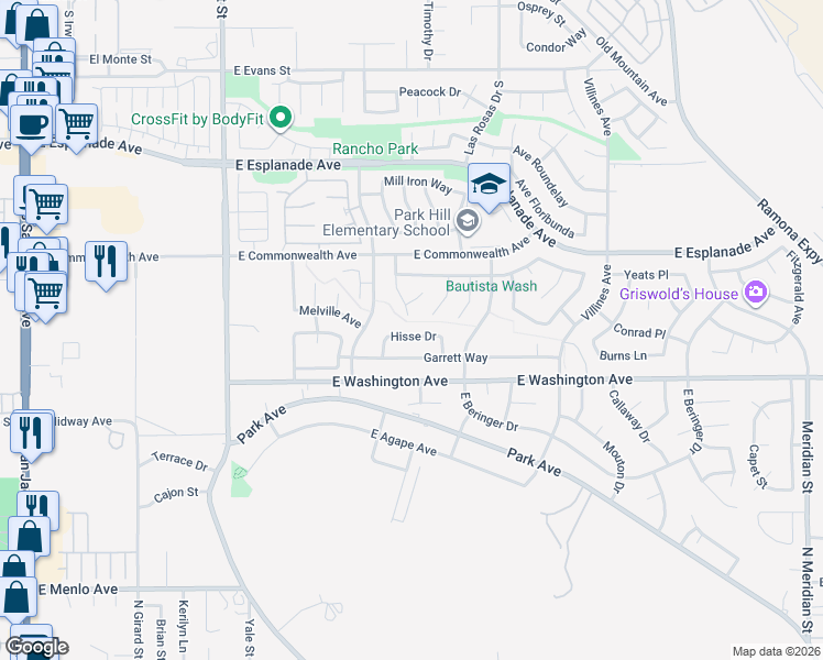 map of restaurants, bars, coffee shops, grocery stores, and more near 1001 Hisse Drive in San Jacinto