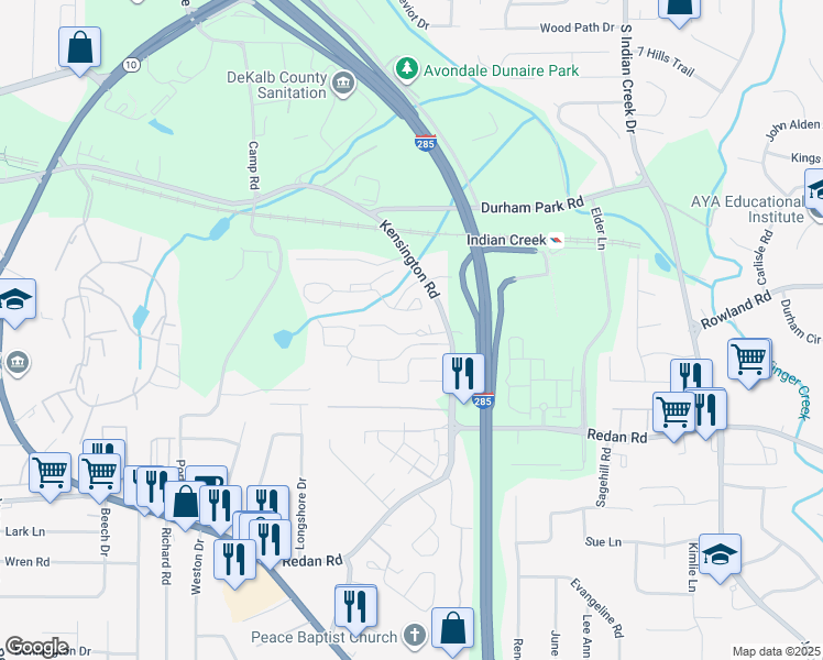 map of restaurants, bars, coffee shops, grocery stores, and more near 3814 Kensingwood Trce in Decatur
