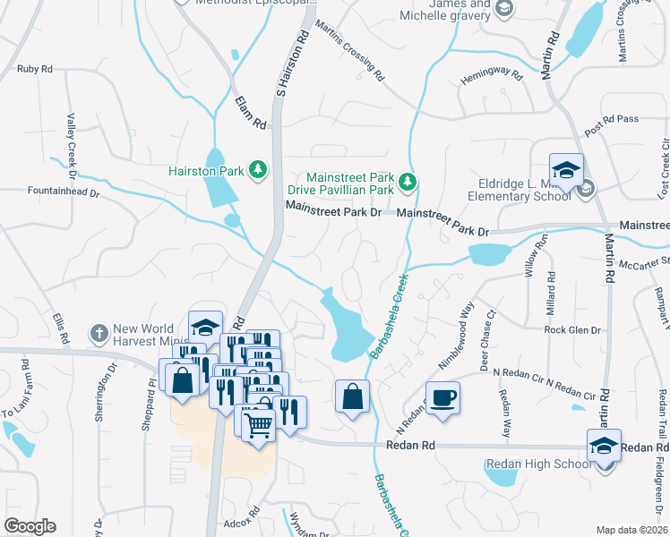 map of restaurants, bars, coffee shops, grocery stores, and more near 978 Mainstreet Lake Drive in Stone Mountain