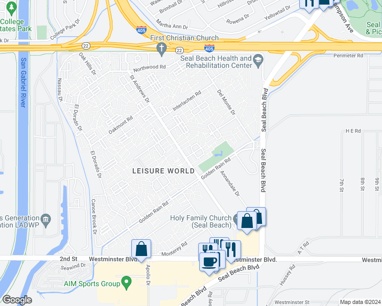 map of restaurants, bars, coffee shops, grocery stores, and more near 1681 Tam O'shanter Road in Seal Beach