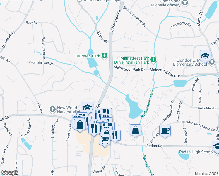 map of restaurants, bars, coffee shops, grocery stores, and more near 967 Lake Watch Drive in Stone Mountain