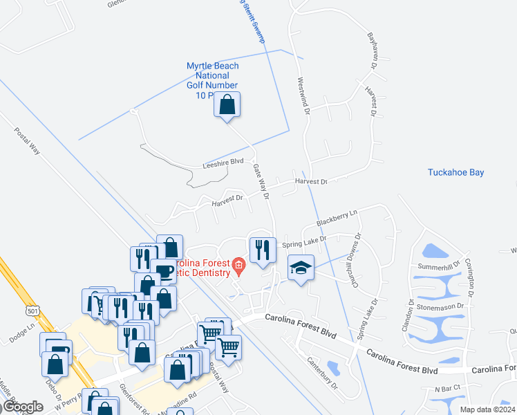 map of restaurants, bars, coffee shops, grocery stores, and more near 4904 Britewater Court in Myrtle Beach