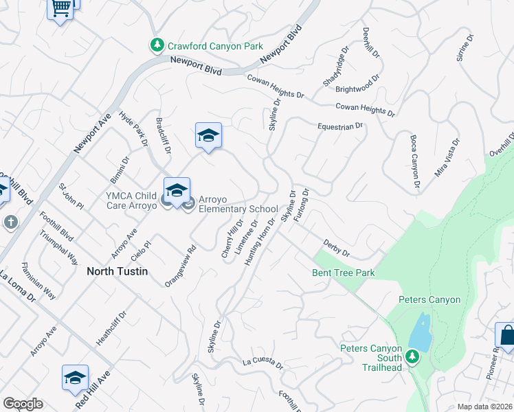 map of restaurants, bars, coffee shops, grocery stores, and more near 11001 Limetree Drive in Santa Ana