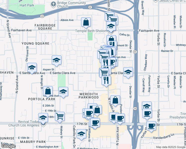 map of restaurants, bars, coffee shops, grocery stores, and more near 2010 East Santa Clara Avenue in Santa Ana