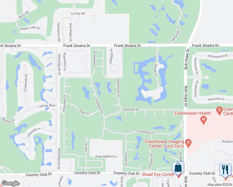 map of restaurants, bars, coffee shops, grocery stores, and more near 17 Dartmouth Drive in Rancho Mirage