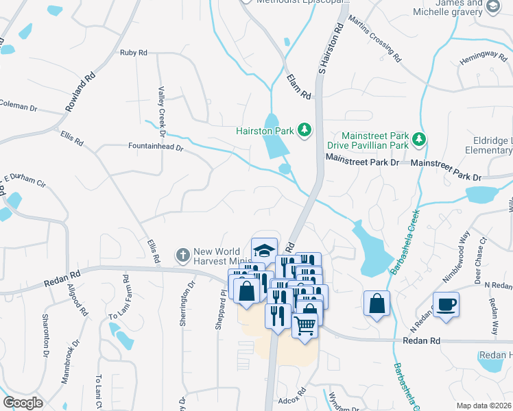 map of restaurants, bars, coffee shops, grocery stores, and more near 1003 Romer Place in Stone Mountain