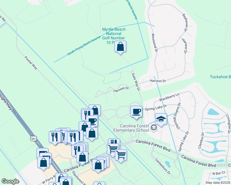map of restaurants, bars, coffee shops, grocery stores, and more near 4925 Oak Pond Court in Conway