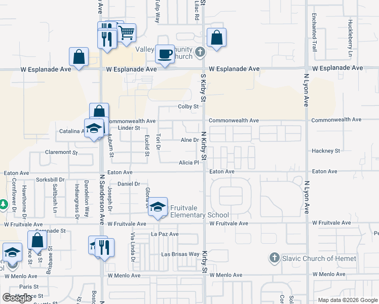 map of restaurants, bars, coffee shops, grocery stores, and more near 2611 Jeffery Circle in Hemet