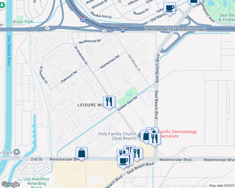 map of restaurants, bars, coffee shops, grocery stores, and more near 1660 Tam O'shanter Road in Seal Beach