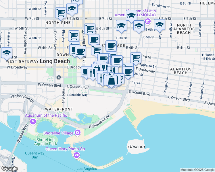 map of restaurants, bars, coffee shops, grocery stores, and more near 455 East Ocean Boulevard in Long Beach