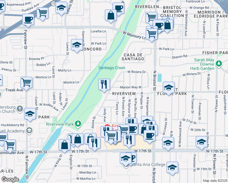 map of restaurants, bars, coffee shops, grocery stores, and more near 1625 West Santa Clara Avenue in Santa Ana