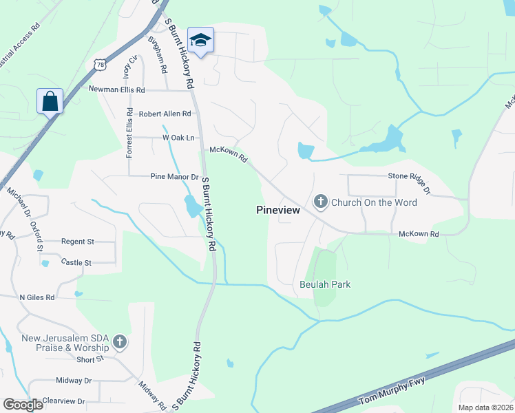 map of restaurants, bars, coffee shops, grocery stores, and more near 3911 McKown Road in Douglasville