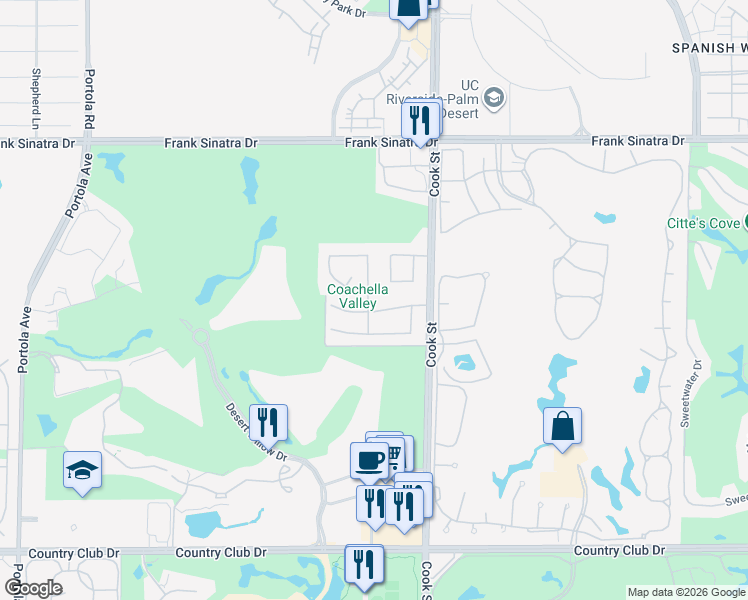 map of restaurants, bars, coffee shops, grocery stores, and more near 13 Covington Drive in Palm Desert