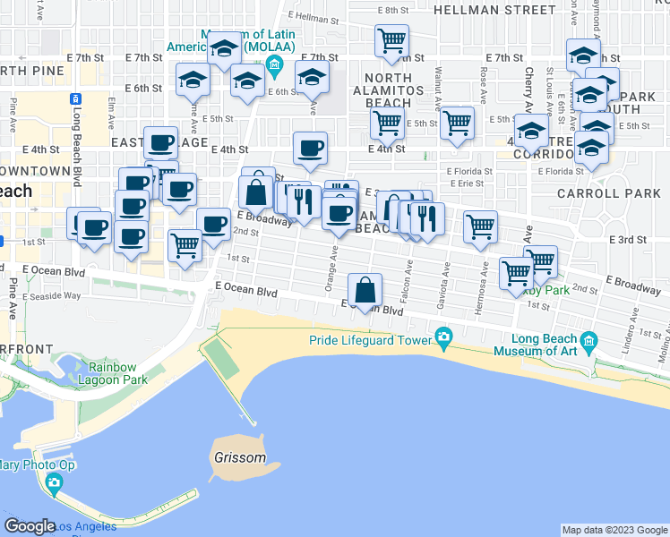 map of restaurants, bars, coffee shops, grocery stores, and more near 102 Orange Avenue in Long Beach