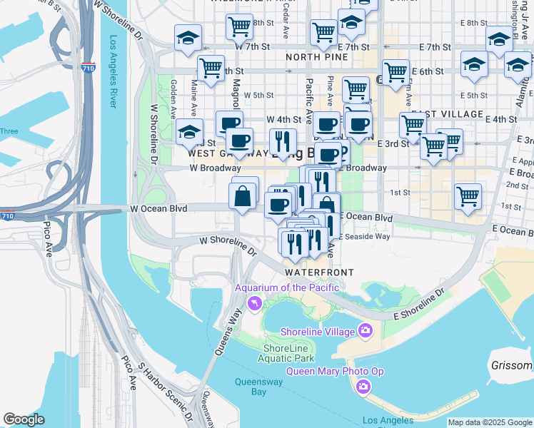 map of restaurants, bars, coffee shops, grocery stores, and more near 360 West Ocean Boulevard in Long Beach