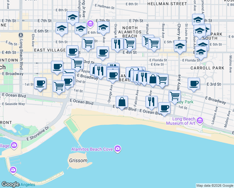 map of restaurants, bars, coffee shops, grocery stores, and more near 1237 East 1st Street in Long Beach