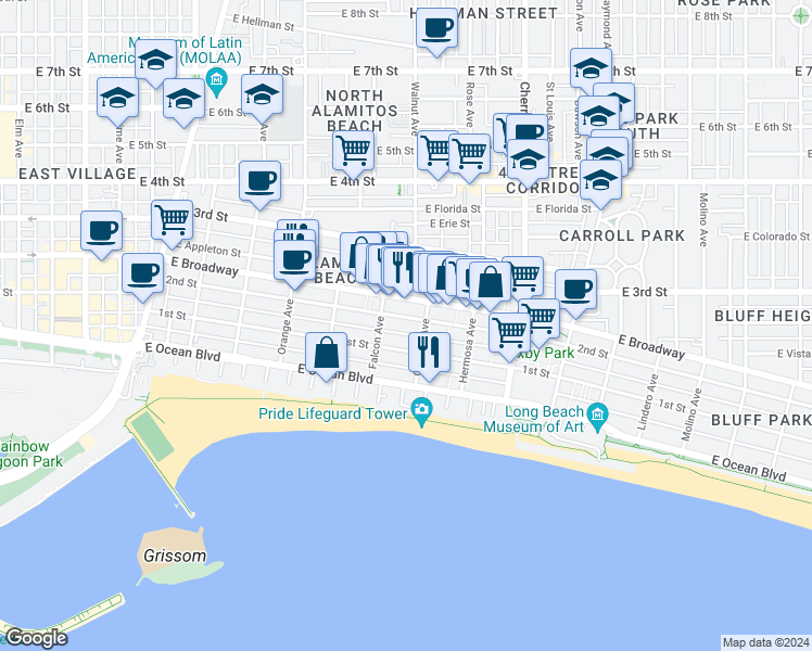 map of restaurants, bars, coffee shops, grocery stores, and more near 1604 East 2nd Street in Long Beach