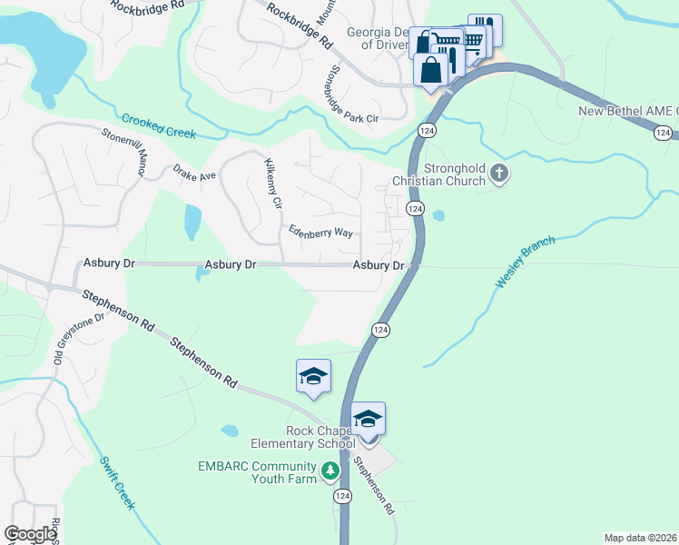 map of restaurants, bars, coffee shops, grocery stores, and more near 7531 Asbury Manor Drive in Lithonia