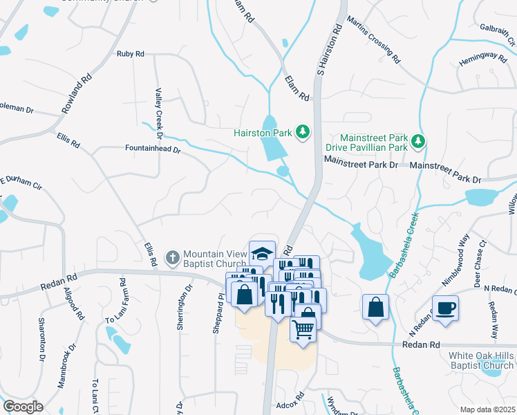 map of restaurants, bars, coffee shops, grocery stores, and more near 985 Romer Place in Stone Mountain
