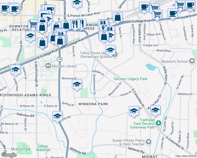 map of restaurants, bars, coffee shops, grocery stores, and more near 218 Derrydown Way in Decatur