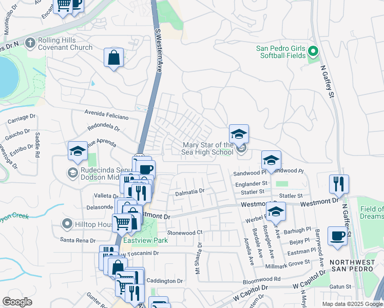 map of restaurants, bars, coffee shops, grocery stores, and more near 1483 West Vista Way in Los Angeles